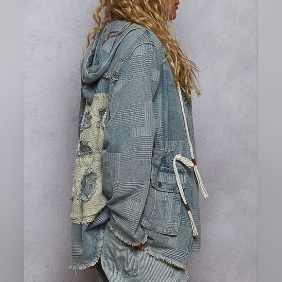POL Raw Hem Drawstring Zip Up Hooded Denim Jacket Patchwork "Luck & $$$" - Picture 3 of 9